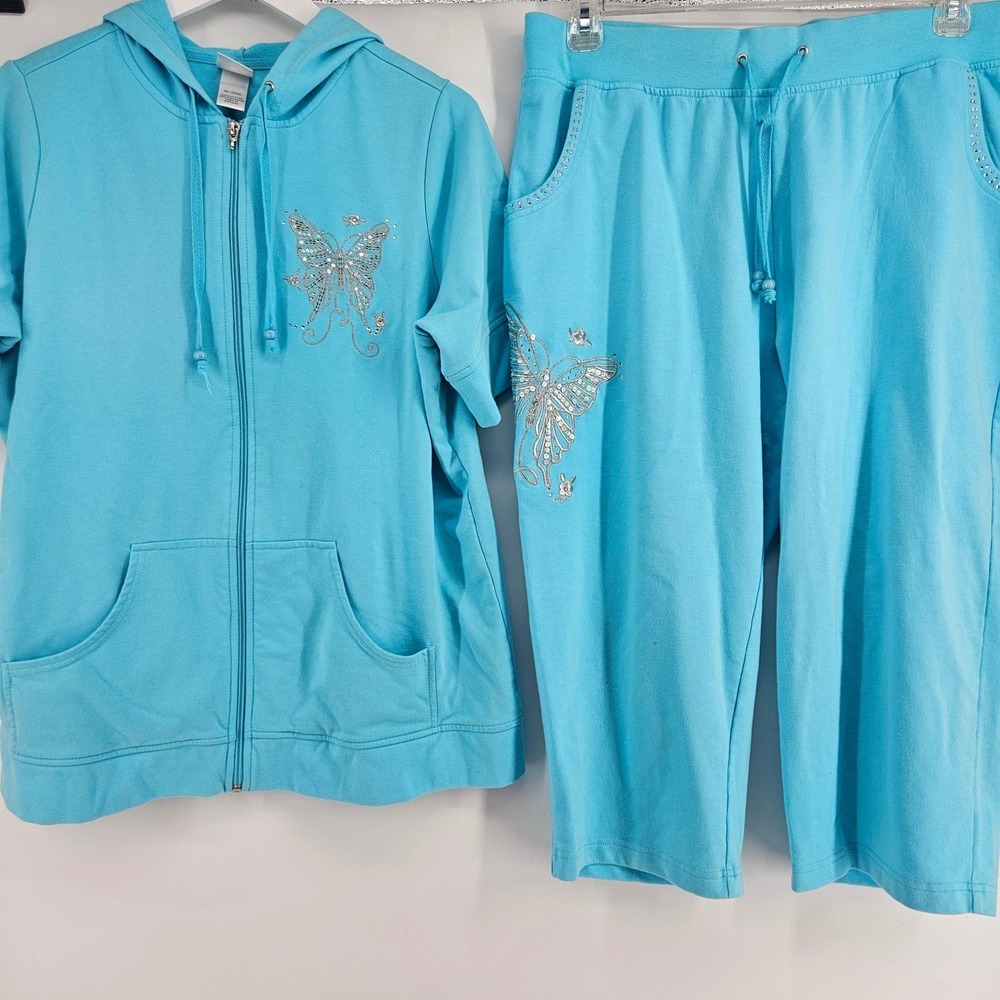 Vintage Fashion Bug Women 18/20W Tracksuit Butterfly Rhinestone Y2K Blue Set